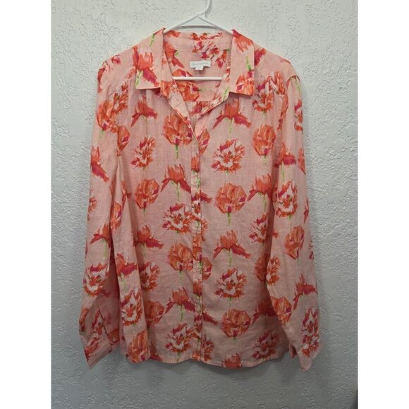 Charter Club Sz XXL 100% Linen Roses Floral Charming Blouse Button Down Shirt - Picture 1 of 6